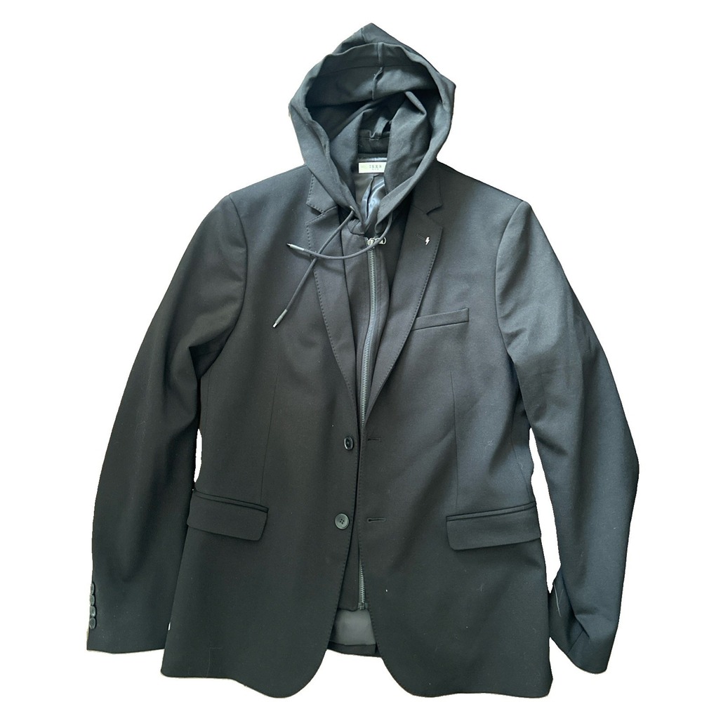 IKKS Multi Design Black Hooded Jacket Detachable Front Panel Mens Size 52 Blazer